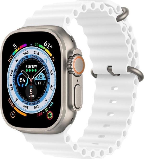 Coverzone Apple Watch 3 Ile Uyumlu Okyanus Quintessential 38-40mm Kabartmalı Metal Tokalı Kordon Beyaz - Image 1