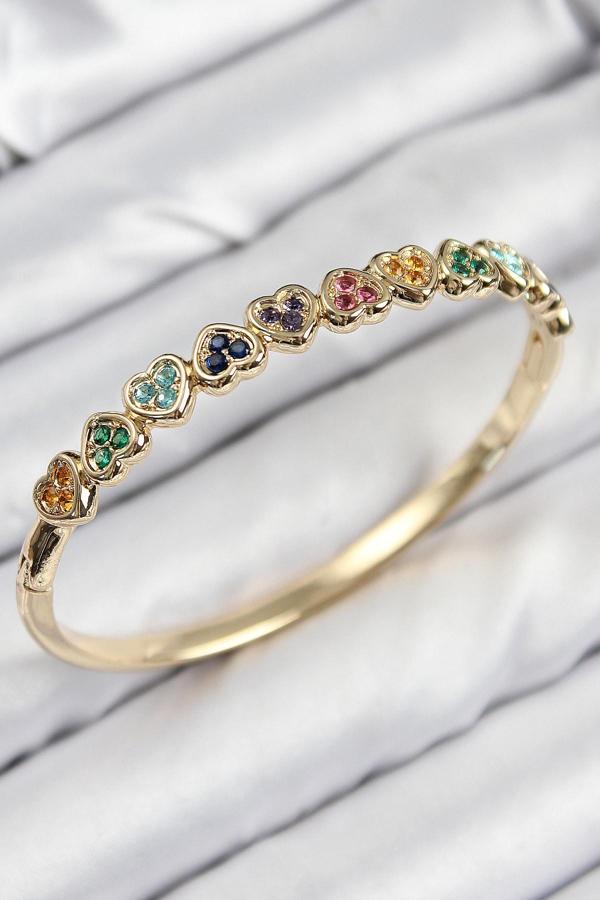 Pirinç Renkli Zirkon Taşlı Sıralı Kalp Model Gold Renk Kadın Kelepçe - EBJ250816W37202 - Image 1