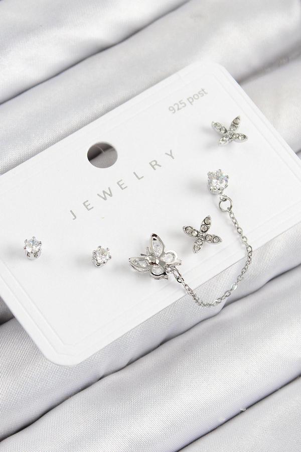 Zarif Kadın için Silver Pirinç Zirkonlu Kelebek Stil 925 Gümüş Çivili Küpe Seti - Image 1