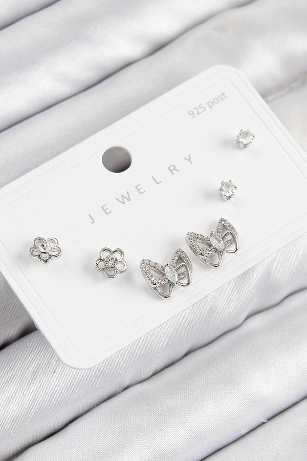 Zarif Kadın için Silver Pirinç Zirkonlu Kelebekli Tarz 925 Gümüş Çivili Küpe Seti - Image 1