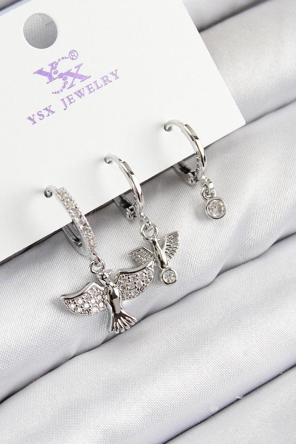 Zarif Kadın için Silver Pirinç Zirkonlu Üçlü Kuş Tarz Küpe - Image 1