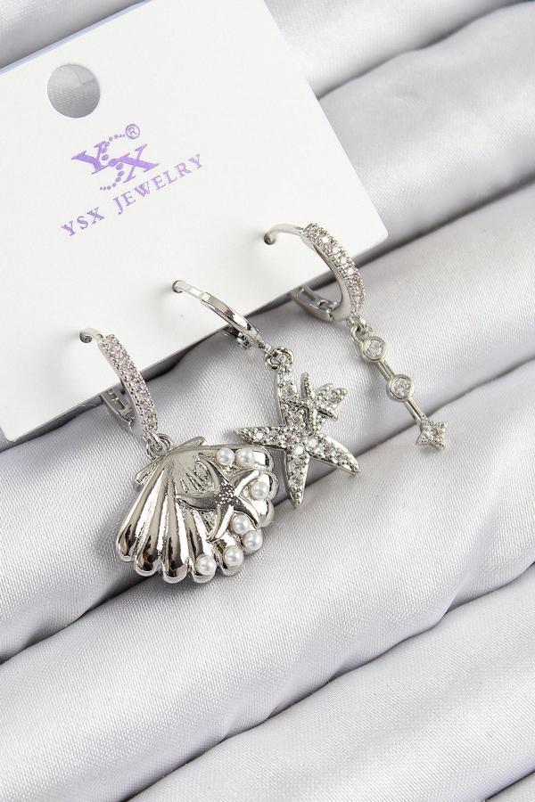 Zarif Kadın için Silver Pirinç Zirkonlu Üçlü Yıldız Ve İstiridye Küpe - Image 1