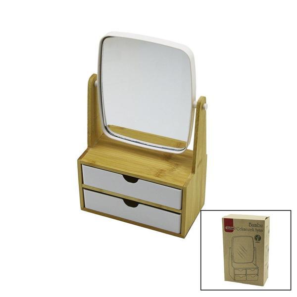 2 ÇEKMECELİ BAMBU AHŞAP STANDLI=9X9.9X17.8X21.5CM MAKYAJ AYNASI=15X18CM TAKILIK 1+1 ORGANİZER (2818) - Image 1