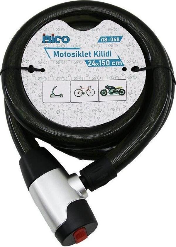 ANAHTARLI AÇ-KAPA KİLİT KAPAKLI MOTOR - BİSİKLET KİLİT ÇELİK TEL SİYAH ŞEFFAF KILIF 24MMX150CM (2818) - Image 1