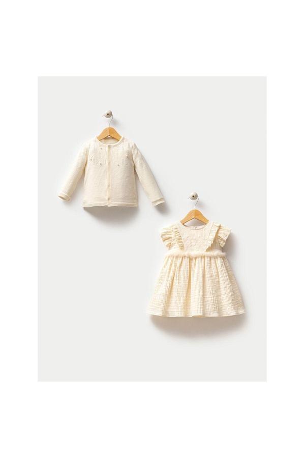 Noynoy Baby Kız Bebek Hırkalı Müslin Elbise - Image 1