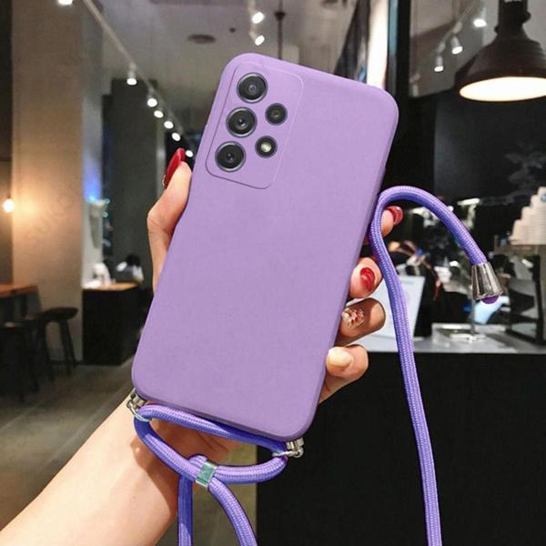 Coverzone Galaxy A02S ile uyumlu Ipli Boyun Askılı Silikon Kılıf Kadife Iç Yüzeyli Epiphany Kılıf Lila - Image 1