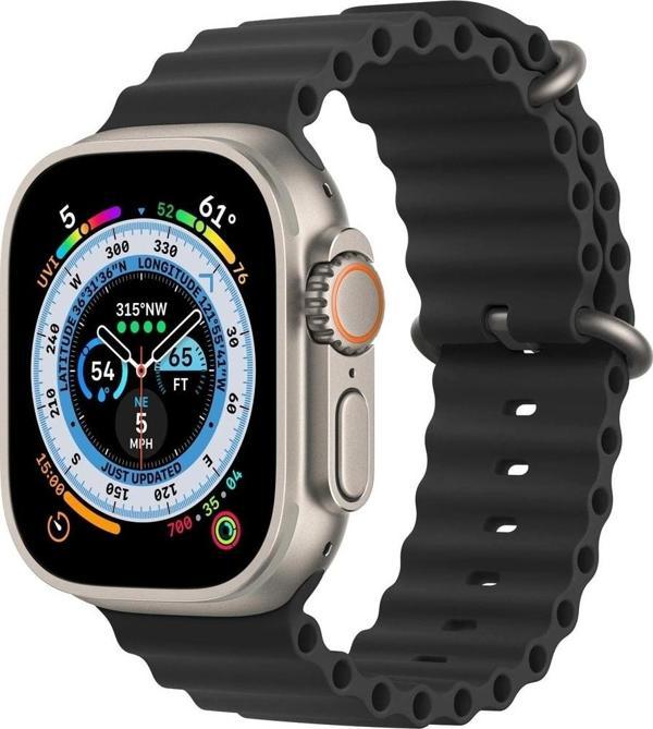 Coverzone Apple Watch 7 Ile Uyumlu Okyanus Quintessential 45 Mm Kabartmalı Metal Tokalı Kordon Siyah - Image 1