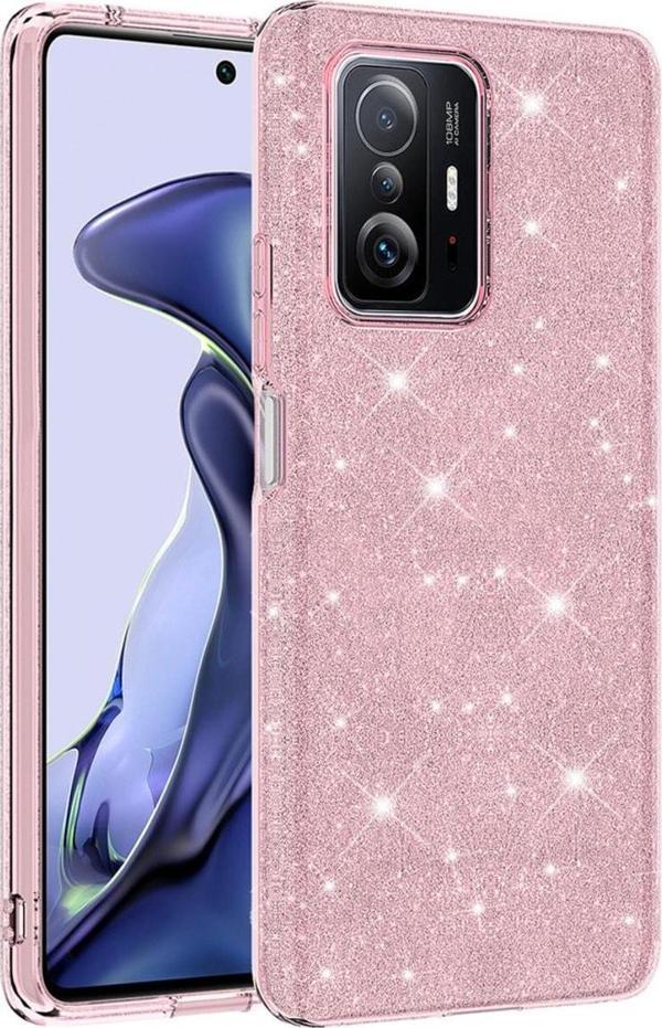 Coverzone Xiaomi Mi 12t Ile Uyumlu Kılıf Simli Parlak Çift Katmanlı Shining Silikon Pembe - Image 1