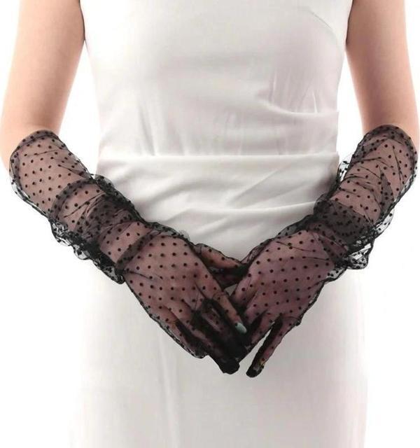 NessiWorld Uzun Boy Siyah Puantiyeli Siyah Renk Yetişkin Tül Eldiven 55 cm - Image 1