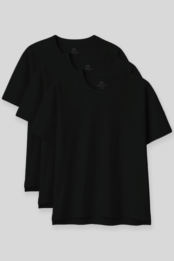 Oversize Fit Basic O Yaka 3lü Paket Siyah Kadın T-Shirt  97285 - Image 1