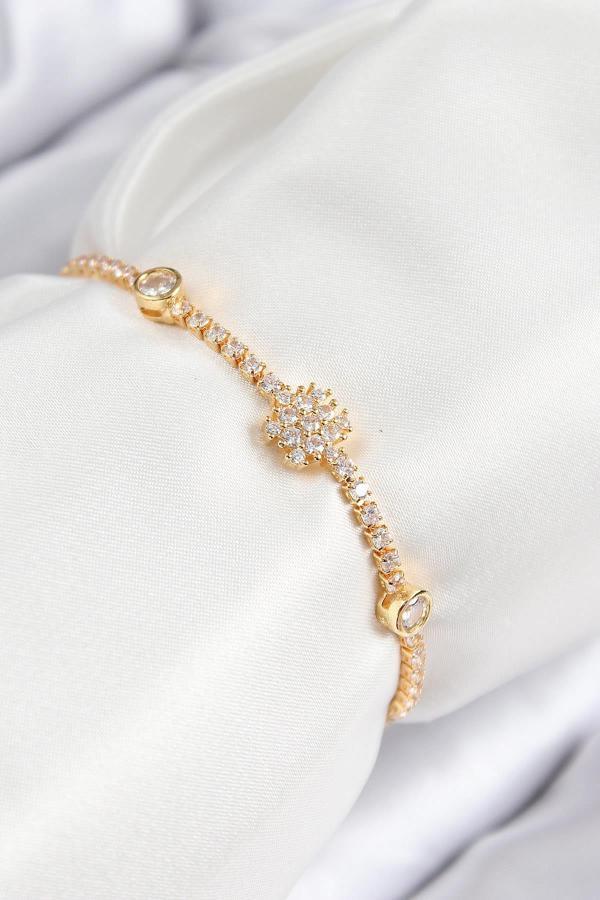 Celira Pirinç Zirkon Taşlı Kar Tanesi Model Gold Renk Asansörlü Kadın Bileklik 00144 - Image 1