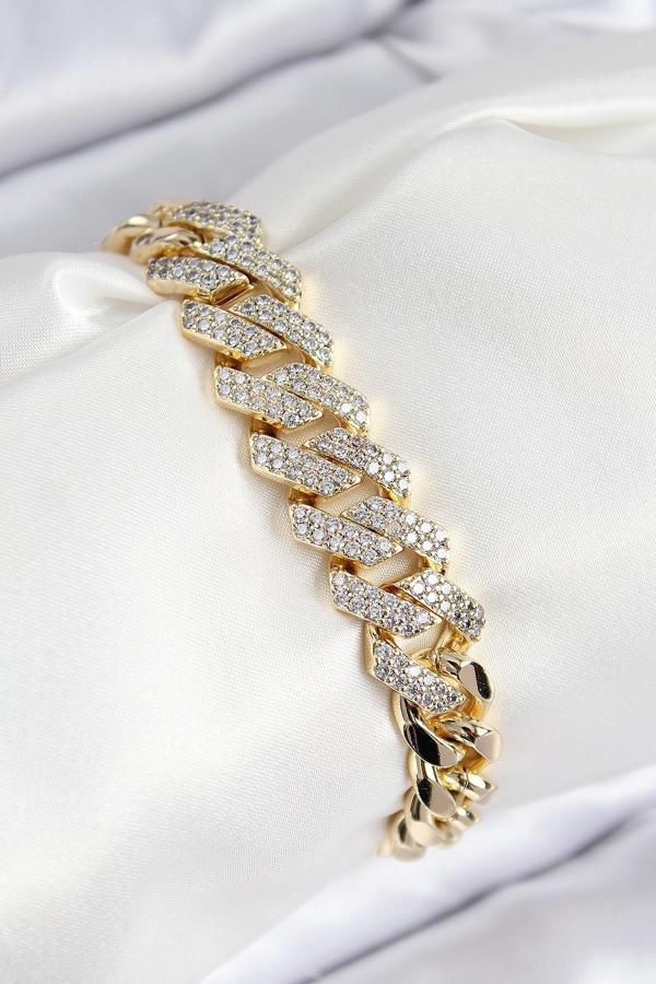 Celira VIP Pirinç Zirkon Taşlı Cuba Model Gold Renk Kadın Bileklik 00207 - Image 1