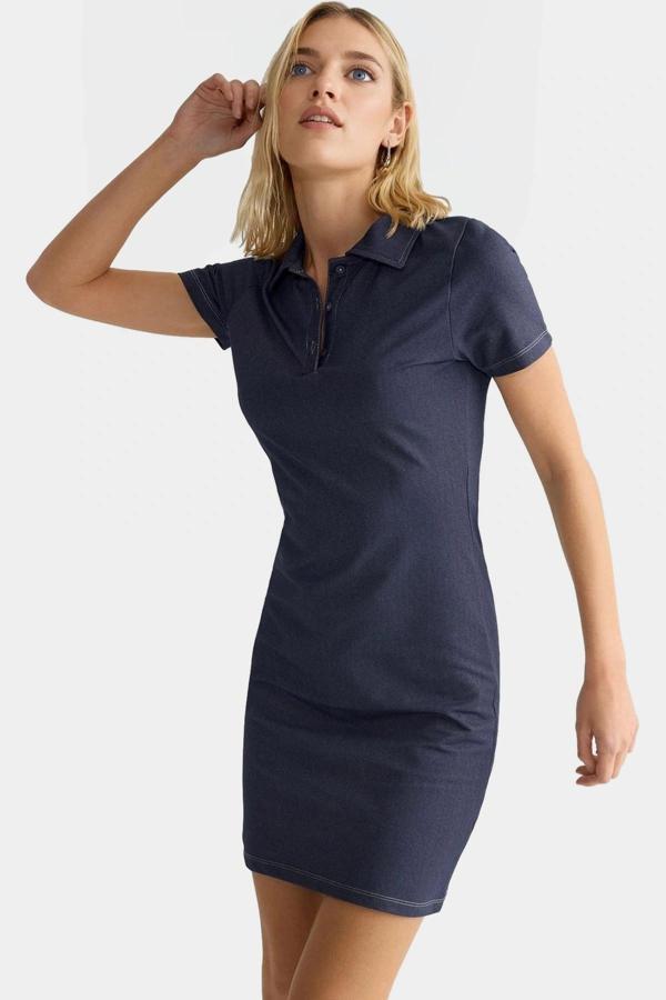 Kadın Bodycon Polo Yaka Mini Örme Elbise Pamuklu Rahat Günlük Şık Görünüm Kullanım İçin - Image 1