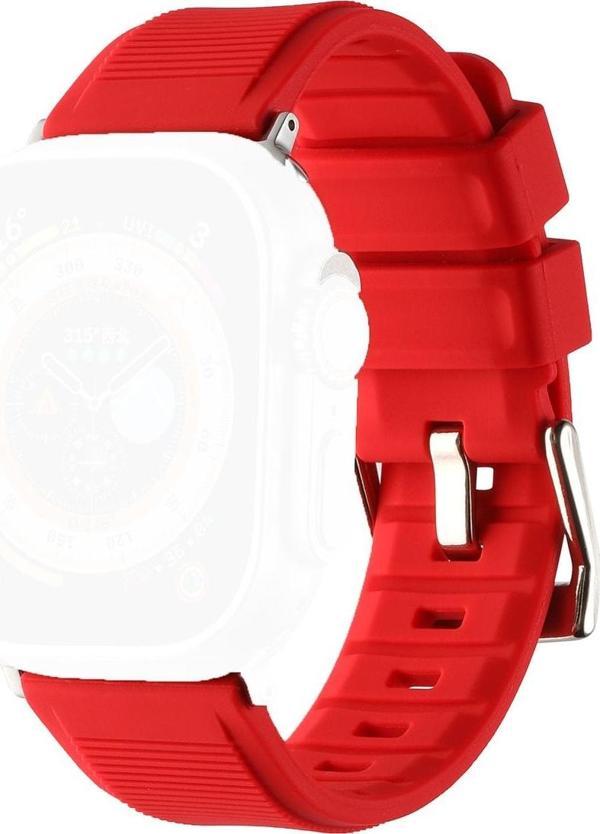 Coverzone Apple Watch Ile Uyumlu 45mm Kordon Kauçuk Spor Esnek Kayış Metal Tokalı Glamour Kordon Red - Image 1