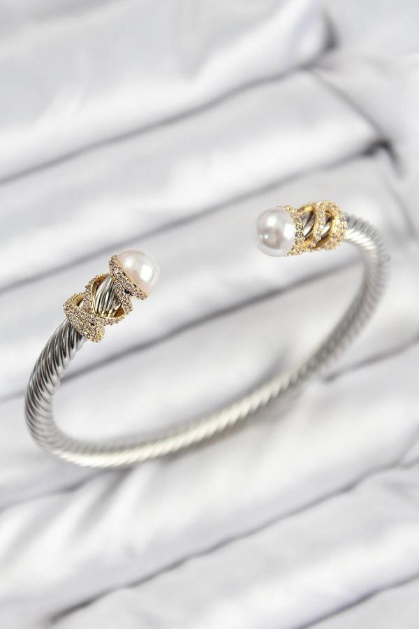 Zarif Kadın için Zirkonlu Çelik İnci Golden Silver Bileklik - Image 1