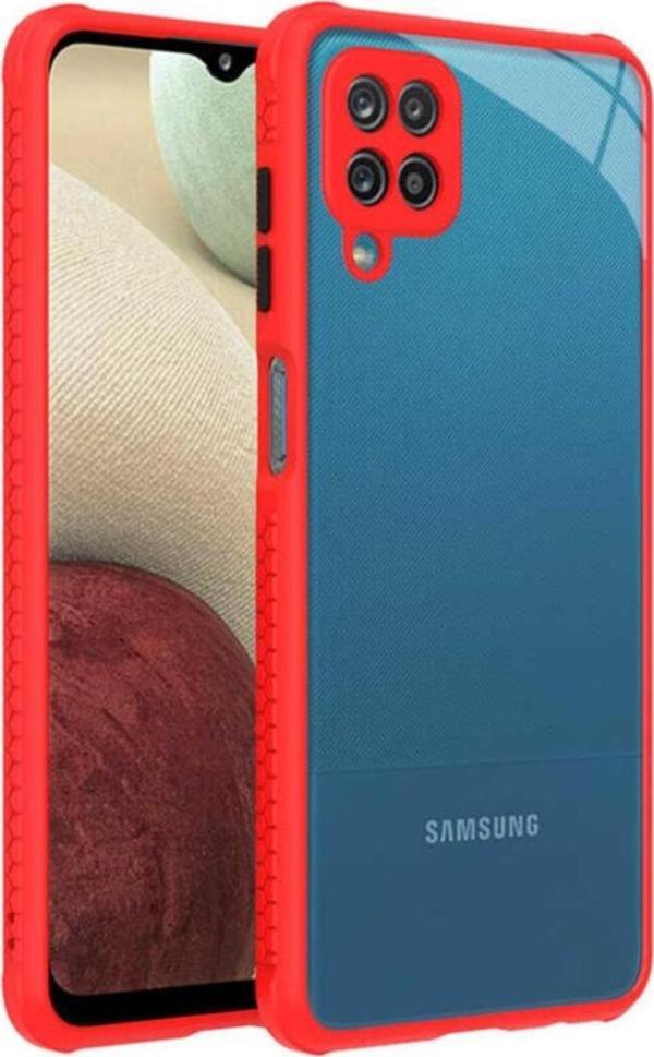 Coverzone Galaxy A12 Uyumlu  Lastik Desen Kenar Kamera Korumalı Arkası Şeffaf Halx Kılıf Kırmızı - Image 1