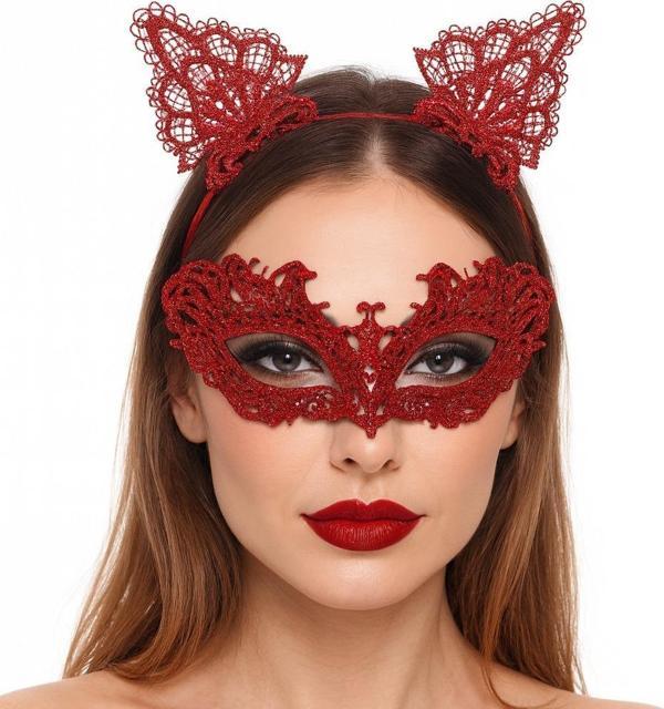 Büro Ev Ofis Gösteri Kostümü için Kırmızı Dantel Taç Maske Seti - Image 1