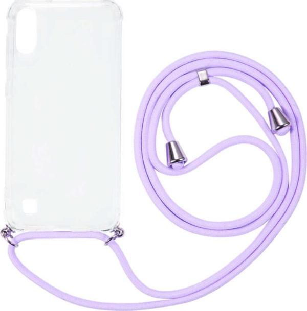 Coverzone Galaxy A10 Renkli Ipli Boyun Askılı Şeffaf Silikon Kılıf Lila - Image 1
