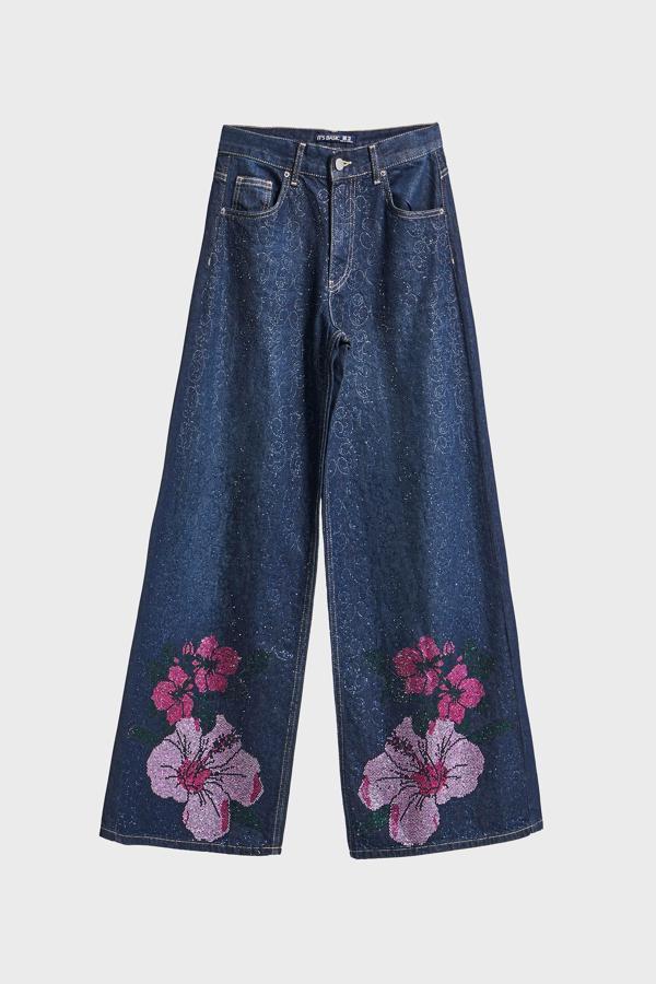 Kadın Koyu Mavi Renk T-2w5-128 Parlak Taş Gül Detaylı Özel Tasarım İç Boy 80cm Denim Jean - Image 1