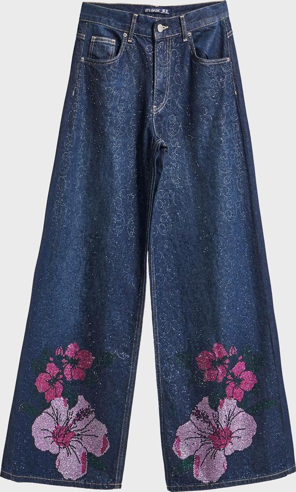 Kadın Koyu Mavi Renk T-2w5-128 Parlak Taş Gül Detaylı Özel Tasarım İç Boy 80cm Denim Jean - Image 1