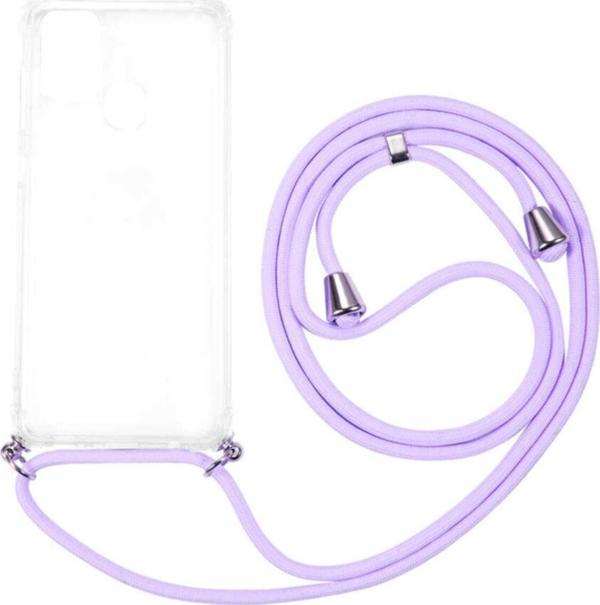 Coverzone Galaxy A21s Renkli Ipli Boyun Askılı Şeffaf Silikon Lila Kılıf - Image 1