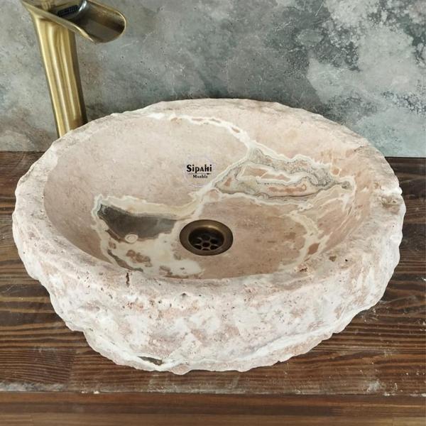 Pembe Traverten Doğal Yüzey Lüks Çanak Lavabo - Image 1