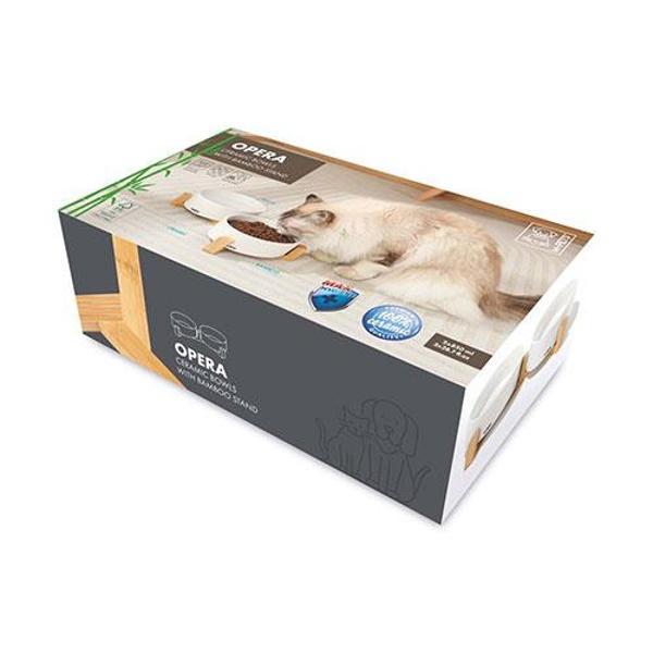 M-Pets Opera Bamboo Standlı Seramik Kedi Mama Kabı Beyaz 2x850 Ml - Image 1