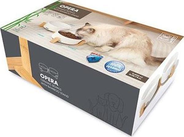 M-Pets Opera Bamboo Standlı Seramik Kedi Mama Kabı Beyaz 2x850 Ml - Image 1
