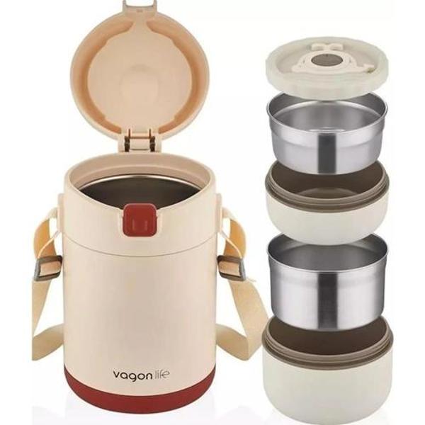 Lunchbox 2 Katlı 4-6 Saat Sıcak/soğuk Termos Çelik Sefer Tası Beslenme Kabı 1800ml Krem - Image 1