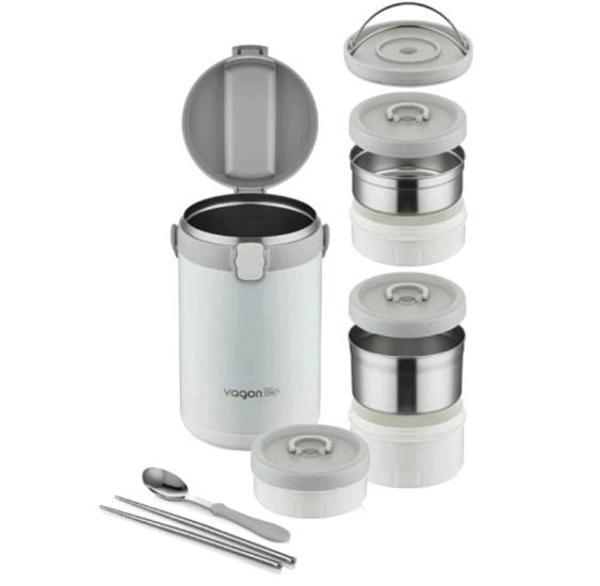 Lunchbox 3 Katlı 4-6 Saat Sıcak/soğuk Termos Çelik Sefer Tası Beslenme Kabı 2100ml Beyaz - Image 1