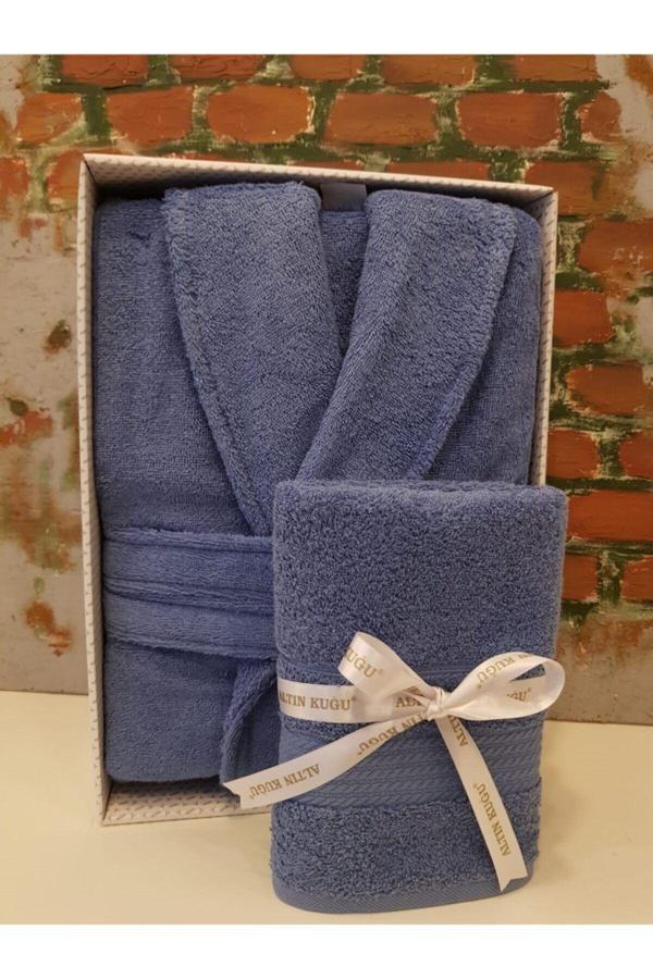 Özdilek Trendy Şalyaka Bornoz + Baş Havlusu- Koyu Mavi - Image 1