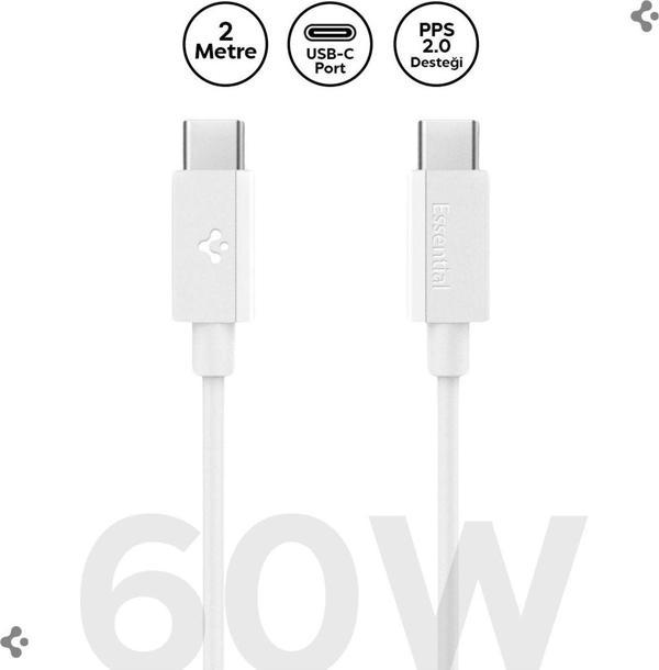 Spigen Essential 2M USB-C to USB-C 60W Kablo ACA08719 Beyaz - Image 1