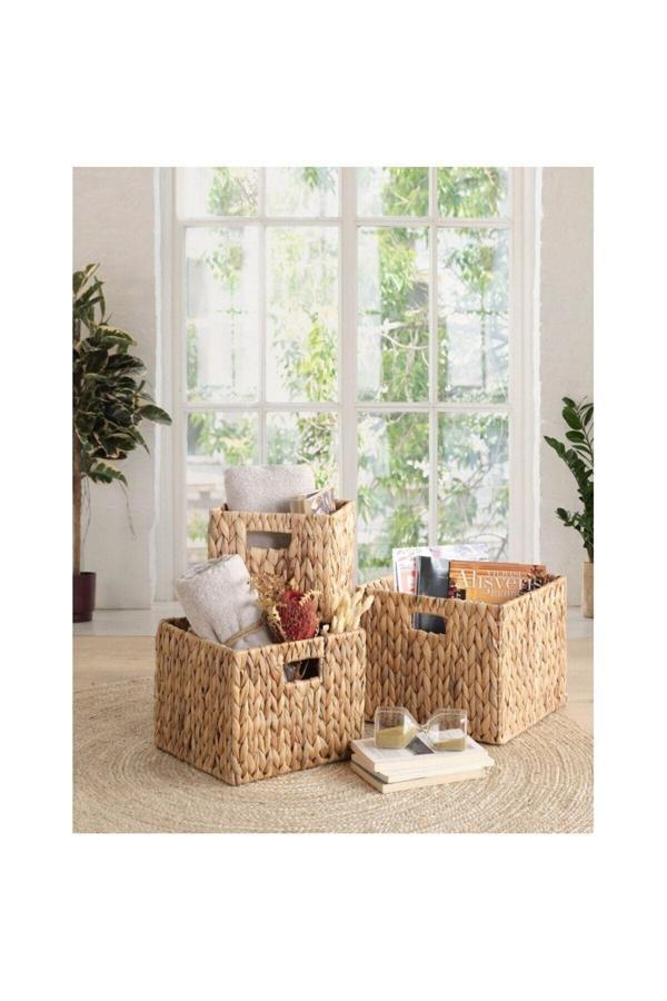 Elzey Home Hasır Kare Kalın Örgülü Sepet 3'Lü Naturel - Image 1