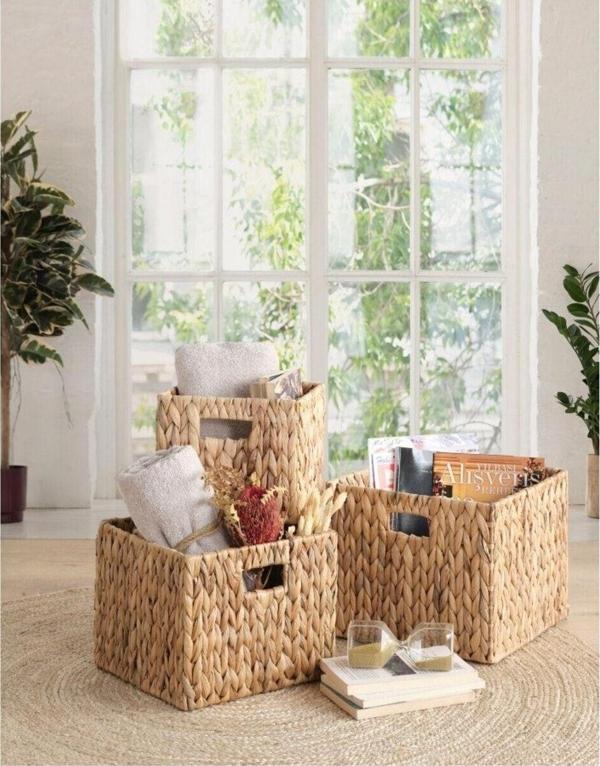 Elzey Home Hasır Kare Kalın Örgülü Sepet 3'Lü Naturel - Image 1