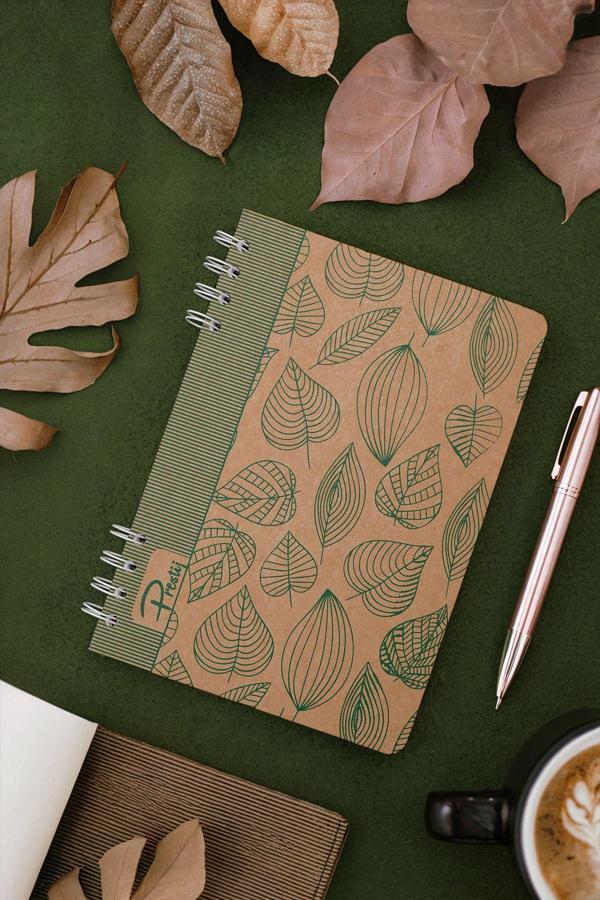 Prestij Green Leaves Kraft Çizgili Defter - Image 1