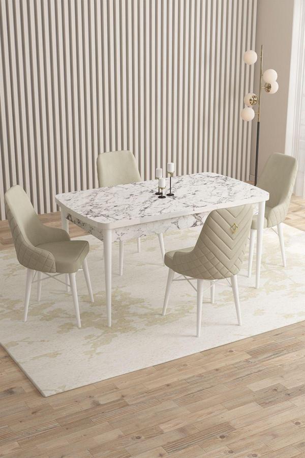 ​​​​​​Mazaka Beyaz Mermer 80x132Açılabilir Mdf Masa Yemek Odası Takımı,Mutfak Takımı 4 Adet Sandalye - Image 1