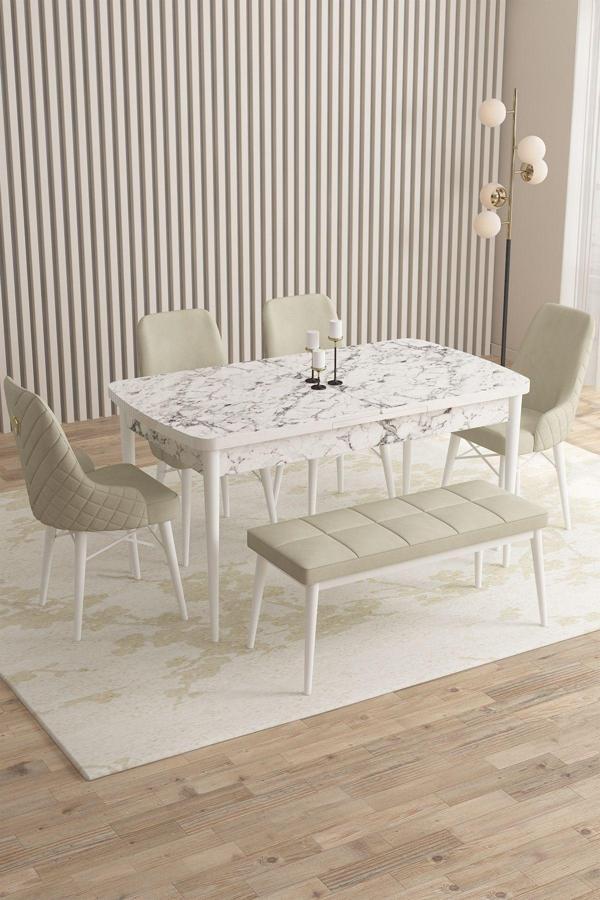Mazaka Beyaz Mermer 80x132 Açılabilir Mdf Masa Yemek Odası Takımı, Mutfak Takımı 4 Sandalye 1 Bench - Image 1