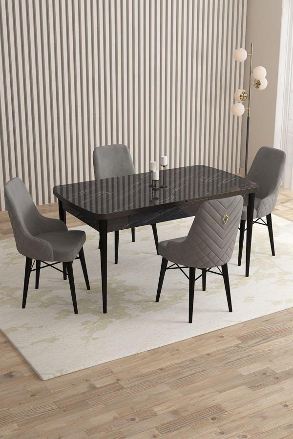 Mazaka Siyah Mermer 80x132 Açılabilir Mdf Masa Yemek Odası Takımı, Mutfak Takımı 4 Adet Sandalye - Image 1