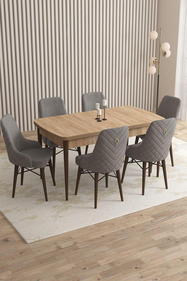 Mazaka Meşe Desen 80x132 Açılabilir Mdf Masa Yemek Odası Takımı, Mutfak Takımı 6 Adet Sandalye  - Image 1