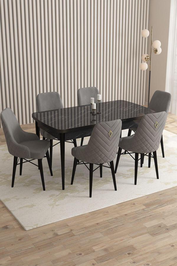 Mazaka Siyah Mermer 80x132 Açılabilir Mdf Masa Yemek Odası Takımı, Mutfak Takımı 6 Adet Sandalye - Image 1