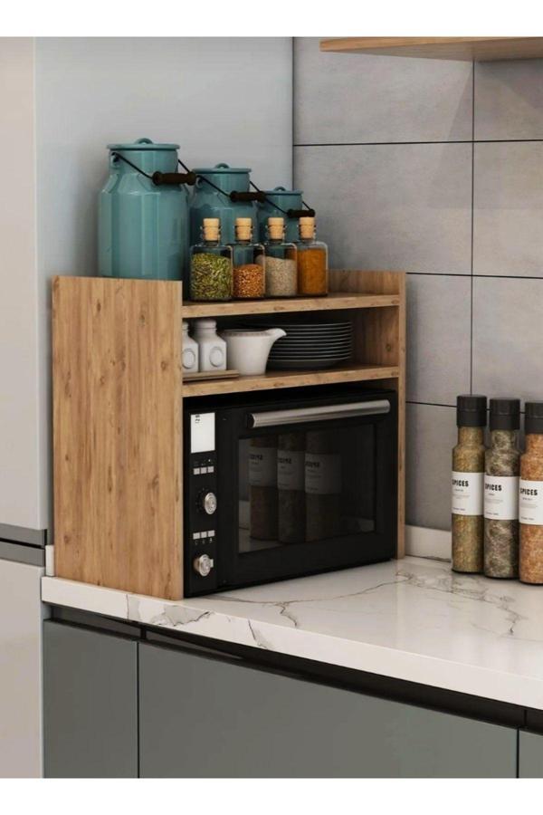 Home Mikro Dalga Tezgah Üstü Baharatlık Rafı Mobilya Aksap Kahverengi Beyaz Organizer 50x35 cm - Image 1