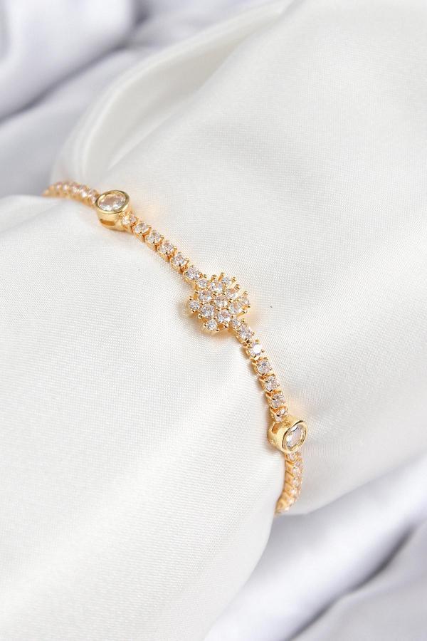 Pirinç Zirkon Taşlı Kar Tanesi Model Gold Renk Asansörlü Kadın Bileklik - Image 1