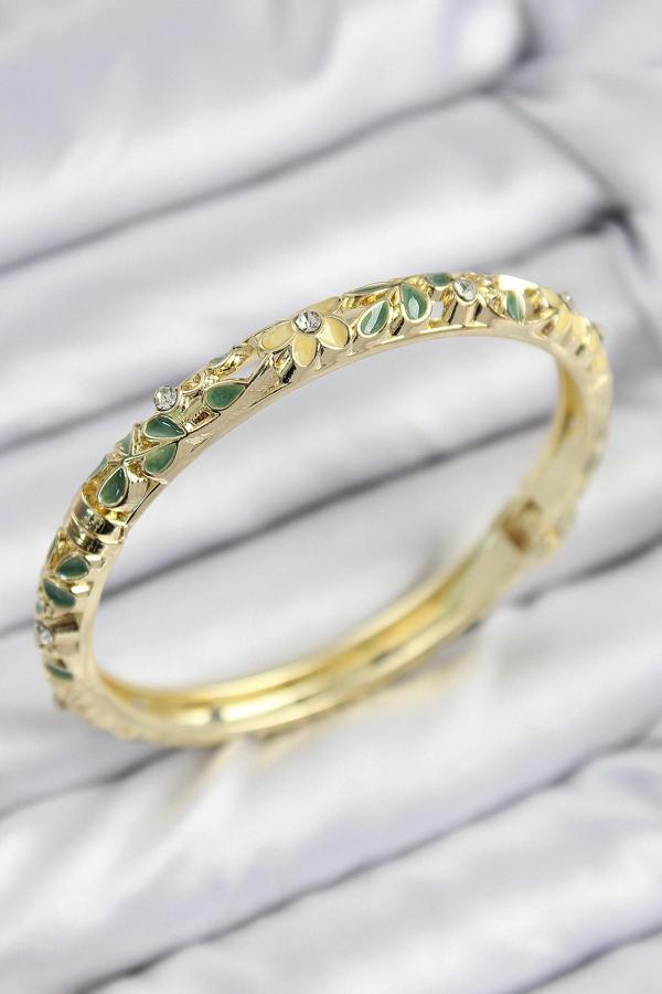 Mineli Pirinç Zirkon Taşlı Yeşil Sarı Çiçek Motifli Gold Kadın Kelepçe - Image 1