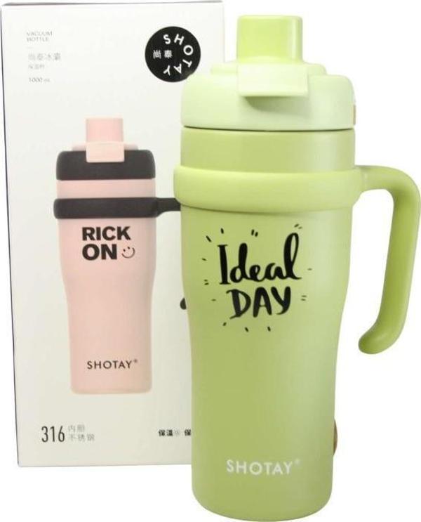 Shotay ST-8919 Çift Kullanım Pipetli/Rahat İçim Yeşil 1000ml Çelik Termos - Image 1