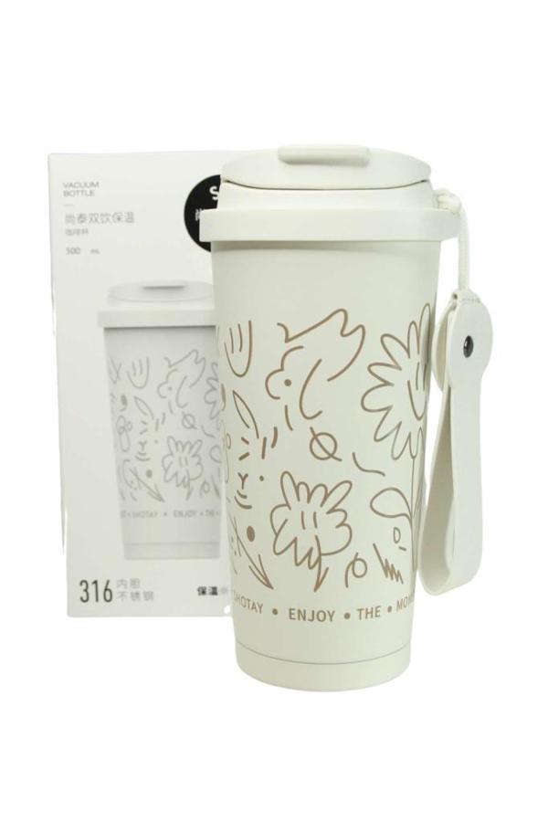 Shotay ST-8913 Çift Kullanım Pipetli/Rahat İçim Beyaz 500ml Çelik Termos - Image 1