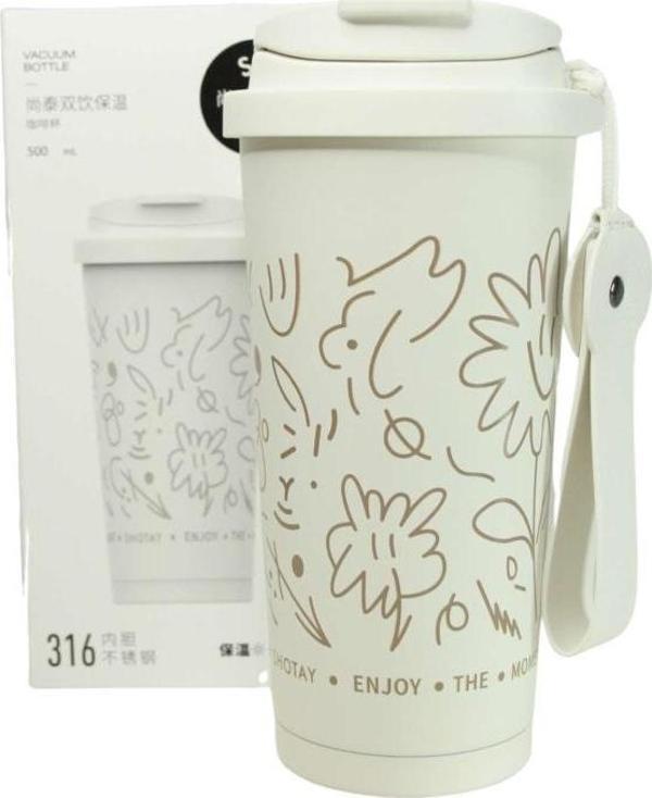 Shotay ST-8913 Çift Kullanım Pipetli/Rahat İçim Beyaz 500ml Çelik Termos - Image 1