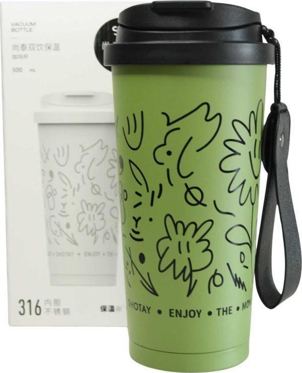 Shotay ST-8913 Çift Kullanım Pipetli/Rahat İçim Yeşil 500ml Çelik Termos - Image 1