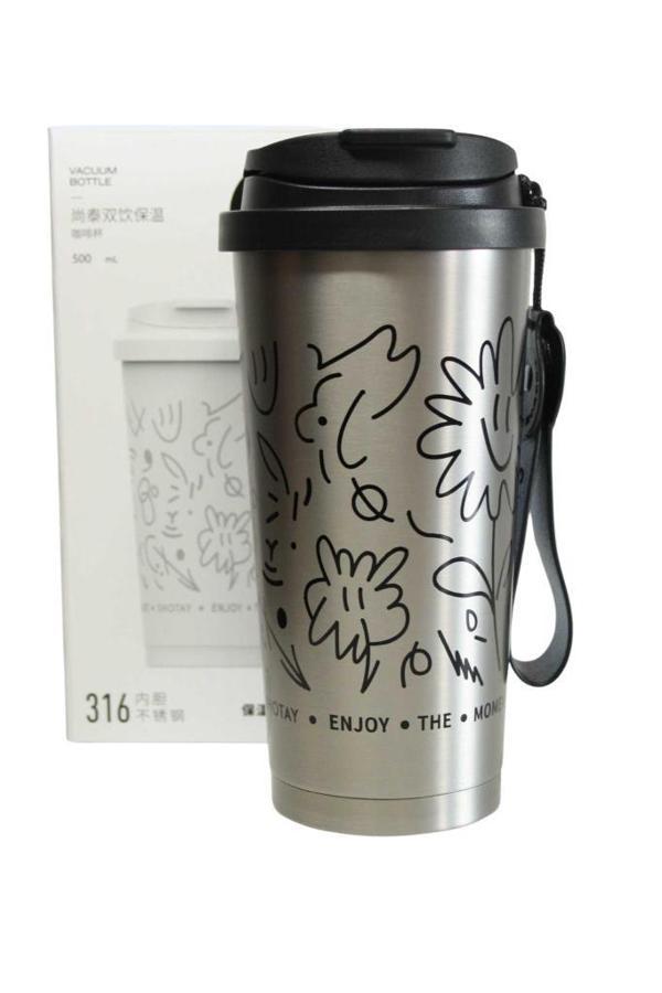 Shotay ST-8913 Çift Kullanım Pipetli/Rahat İçim Gri 500ml Çelik Termos - Image 1