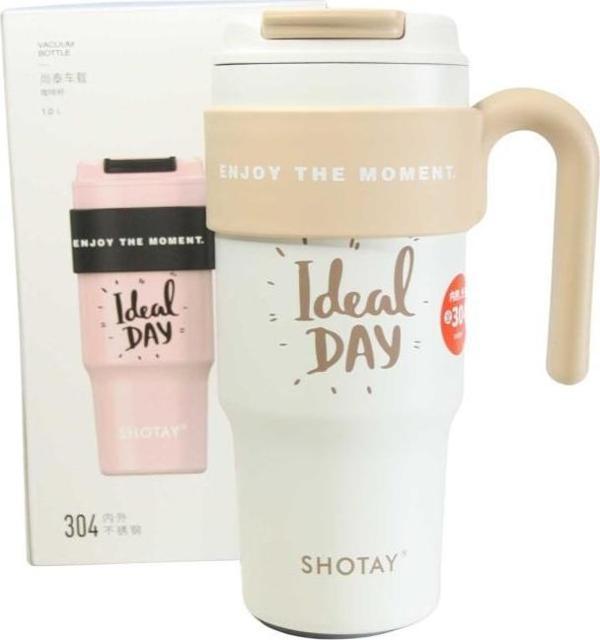 Shotay ST-8917 Çift Kullanım Pipetli/Rahat İçim Beyaz 1000ml Çelik Matara - Image 1