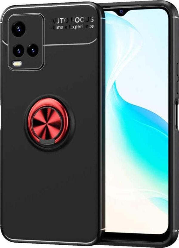 Coverzone Vivo Y32 Kılıf Ravel Yüzük Tutuculu Standlı Silikon Siyah-kırmızı - Image 1